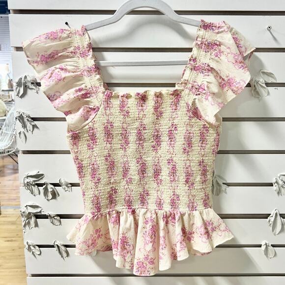 LoveShackFancy Floral Flutter Sleeve Compass Smocked Blouse Top Cream/Lilac S - Picture 7 of 8